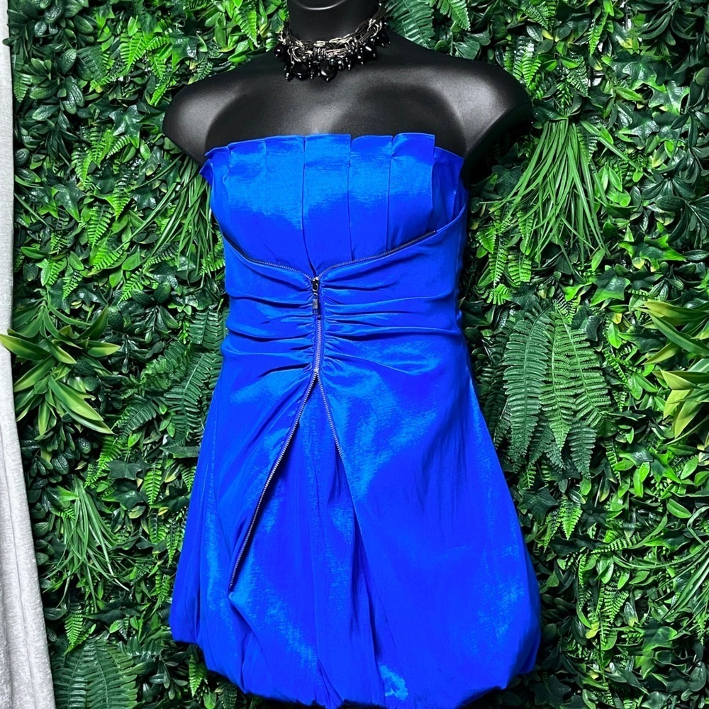 Y2K Miss Sixty Dress Size 12 Blue Strapless Bubble Hem Mini Zipper Detail 3887